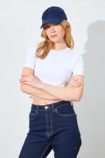 Kadın Ekru (25608) Bisiklet Yaka Düşük Kol Full Likra Ribana Crop Tişört