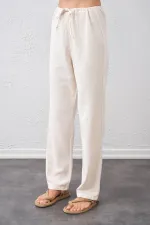 Kadın Naturel Bel Bağlamalı Bağcıklı Keten Pantolon