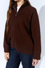 Kadın Kahve Dik Yakalı Dışardan Dkişli Fermuarlı Hırka