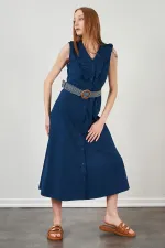 Kadın İndigo Yaka Fırfırlı Önü Düğmeli Kolsuz Poplin Kumaş Uzun Elbise