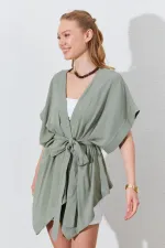 Kadın Haki Düşük Kol Kuşaklı Kimono