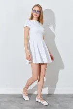 Kadın Ekru Kısa Kollu Parçalı Volanlı Double Kumaş Elbise