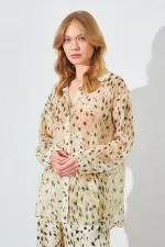 Kadın Dalmaçya Desen Taş Şifon Bluz Saten Pantolon Takım