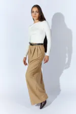 Kadın Bej Beli Kalın Kemer Palazzo Pantolon