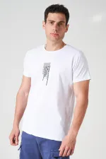 Erkek Beyaz Bisiklet Yaka Orıgınal Enjeksiyon Baskılı Tişört