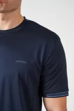 Erkek Lacivert Bisiklet Yaka Kol Yaka Şeritli Kagi Kumaş Tişört