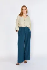 Women's Navy Blue YP5115 Double Pleated Wide Leg Tencel Trousers