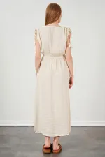 Kadın Taş V Yaka Omuzları Bağlamalı Müslin Kumaş Elbise