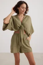 Kadın Haki Yarasa Kol Ön Bağlamalı Gömlek