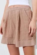 Kadın Vizon Beli Lastikli Pileli Keten Şort