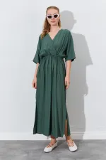 Kadın Haki Düşük Kol Yanları Yırtmaçlı Uzun Elbise