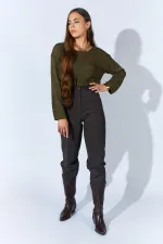 Kadın Kahve Beli Düğmeli Çift Dikişli Pantolon