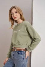 Women's Olive Crew Neck Lovers Lane Print Three-Thread Crop Sweatshirt