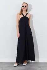 Kadın Siyah Önü Düğüm Detaylı Kolsuz Elbise