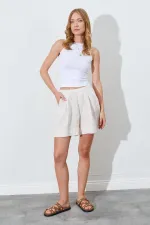 Kadın Taş Beli Lastikli Pileli Keten Şort