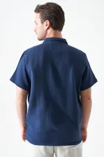 Erkek İndigo Kısa Kol Apaj Yaka Müslin Regular Gömlek