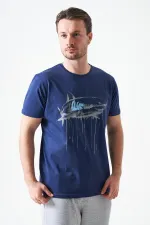 Erkek Lacivert Bisiklet Yaka Köpekbalığı Baskılı Tişört