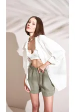 Kadın Ekru Kendinden Çizgili Oversize Gömlek