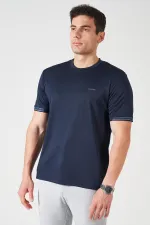 Erkek Lacivert Bisiklet Yaka Kol Yaka Şeritli Kagi Kumaş Tişört