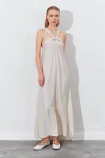 Kadın Taş Önü Düğüm Detaylı Kolsuz Elbise