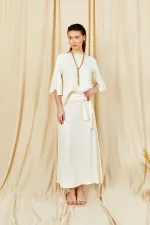 Kadın Krem 9090 Kısa Kollu Düşük Kollu Eteği Gold Tokalı Saten Takım