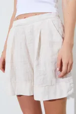 Kadın Taş Beli Lastikli Pileli Keten Şort