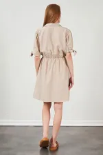 Kadın Bej Kolları Bağlamalı Poplin Elbise