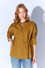Kadın Haki Önü Kısa Arkası Uzun Oversize Poplin Gömlek