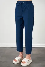 Kadın İndigo Beli Bağlamalı Havuç Paça Poplin Pantolon