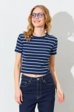 T-shirt rayé à col rond et manches courtes pour femme (25512), entièrement en lycra côtelé