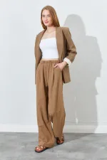 Kadın Kahve Beli Lastikli Palazzo Keten Pantolon