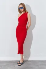 Kadın Kırmızı Tek Omuz Yanı Drapeli Sandy Elbise