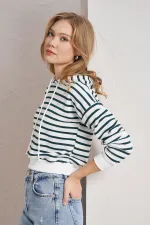 Women's Olive Green Three-Thread Striped Hooded Crop Sweatshirt