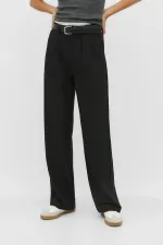 Kadın Siyah Çift Pileli Kemerli Poly Viskon Palazzo Pantolon