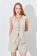 Gilet en lin pour femme, col carré en pierre, lien dans le dos