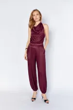 Kadın Mürdüm 9087 Yaka Bağlamalı Gold Tokalı Şalvar Pantolonlu Saten Takım