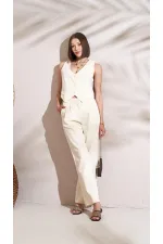 Gilet boutonné pour femme en gabardine à chevrons naturels