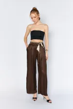 Women's Coffee Brown Wide-Leg Trousers with Scarf Belt and Flush Satin Fabric