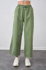 Kadın Haki Beli Bağlamalı Geniş Piş Dikişli Paça Pantolon