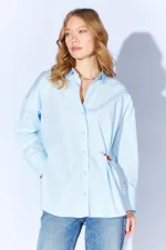 Kadın Mavi Önü Kısa Arkası Uzun Oversize Poplin Gömlek