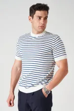 Erkek Ekru Bisiklet Yaka Çizgili Triko Tişört