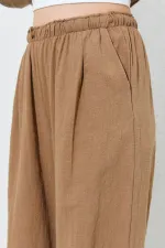 Kadın Kahve Beli Lastikli Palazzo Keten Pantolon