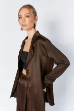 Women's Coffee Gold Single Button Flush Satin Jacket