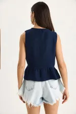 Kadın Lacivert Önü Bağlamalı Kolsuz Eteği Fırfırlı Muslin Bluz