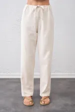 Kadın Naturel Bel Bağlamalı Bağcıklı Keten Pantolon