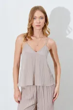 Kadın Vizon İp Askılı Kısa Pantolonlu Kırışık Takım