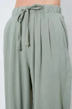 Kadın Haki Beli Lastikli Havuç Kesim Keten Pantolon