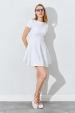 Kadın Ekru Kısa Kollu Parçalı Volanlı Double Kumaş Elbise