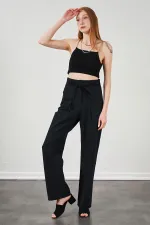 Kadın Siyah Yüksel Bel Deri Kemerli Poplin Pantolon