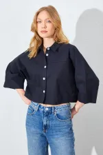 Kadın Siyah Düşük Kol Çımalı Crop Poplin Gömlek
